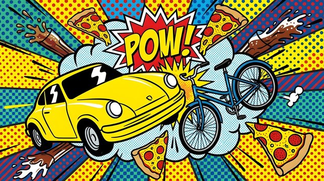 Colorful pop art comic panel with car and bike.