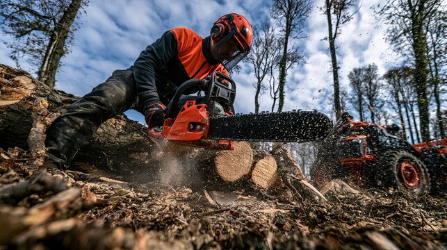 Tree surgeon arborist removing a tree branch with chainsaw and heavy equipment, professional tree care service focused on pruning, maintenance, safety, forestry and outdoor work