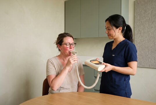 Respiratory technician holding a spirometer the moment the patient finishes exhaling and they look at each other, lung function screening with copy space