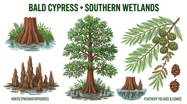 Very beautiful realistic vector set of Bald Cypress (Taxodium distichum) featuring the full tree, feathery leaves, small cones, and distinctive knees, BALD CYPRESS &bull; SOUTHERN WETLANDS, isolated on whi