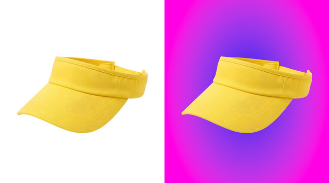 Bright yellow sun visor hat with an adjustable strap, isolated on a white background, for summer outdoor, activities and beach, fashion wear
