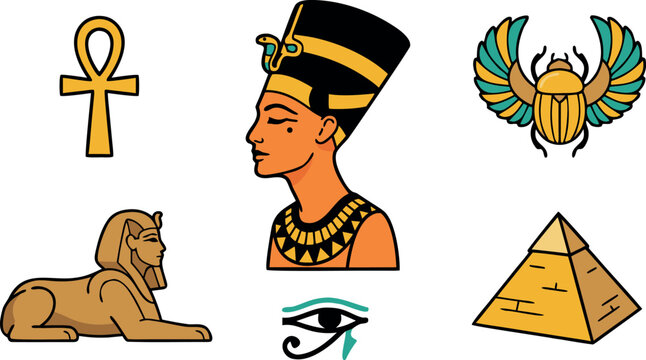 Ancient Egypt Culture and Mythology Vector Illustration Set featuring Queen Nefertiti Sphinx Giza Pyramid Winged Scarab Beetle Eye of Horus and Ankh Cross