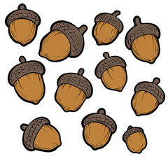 Cute cartoon autumn oak acorn nuts collection set illustration isolated on transparent background © pranowo