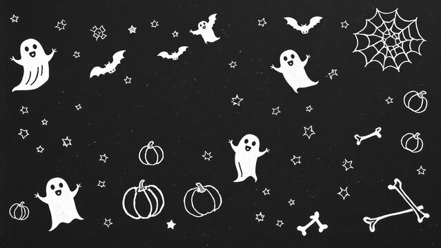 Seamless pattern with cute ghosts, pumpkins, bats, spider webs and bones on a black background for halloween design