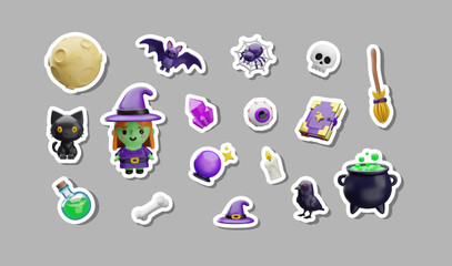 Fototapeta premium Witchcraft collection 3D vector stickers set, cartoon witch, cauldron potion, magic crystal ball and broom, Halloween