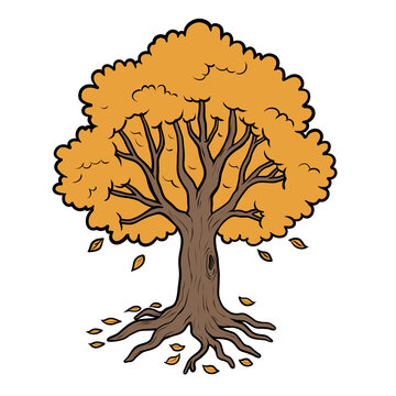 Cute cartoon autumn oak tree with falling orange leaves illustration isolated on transparent background