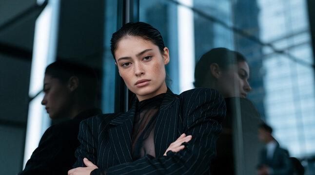 modern businesswoman in pinstripe blazer against reflective skyscraper, serious fashion portrait of woman with slickedback hair, confident professional woman reflected in blue glass facade