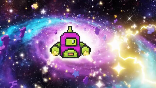 Animation of a character exploring a galaxy filled with colorful stars
