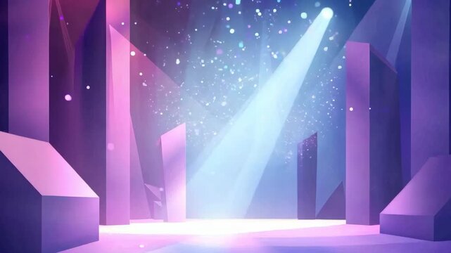Empty purple stage with geometric columns lit by a bright spotlight, award ceremony backdrop, concert and product presentation scene.