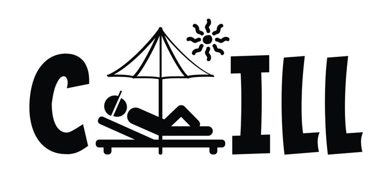 Chill and relax stickman, stick figure man sitting in the sun light or sunlight rays and parasol. Sea to take a sunbath. sunlight line. Beach umbrella. relaxed, comfortable, pleasant or cool concept.