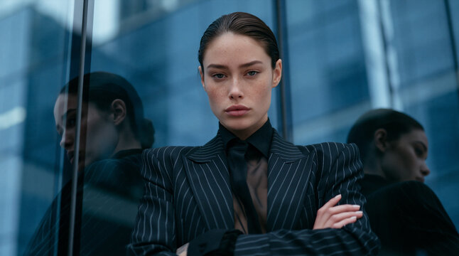 modern businesswoman in pinstripe blazer against reflective skyscraper, serious fashion portrait of woman with slickedback hair, confident professional woman reflected in blue glass facade