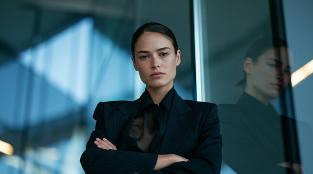 modern businesswoman in pinstripe blazer against reflective skyscraper, serious fashion portrait of woman with slickedback hair, confident professional woman reflected in blue glass facade