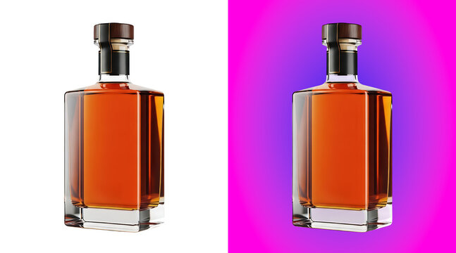 Square glass bottle filled with amber colored liquid or whiskey isolated on a white background, with a dark, wooden stopper for alcohol