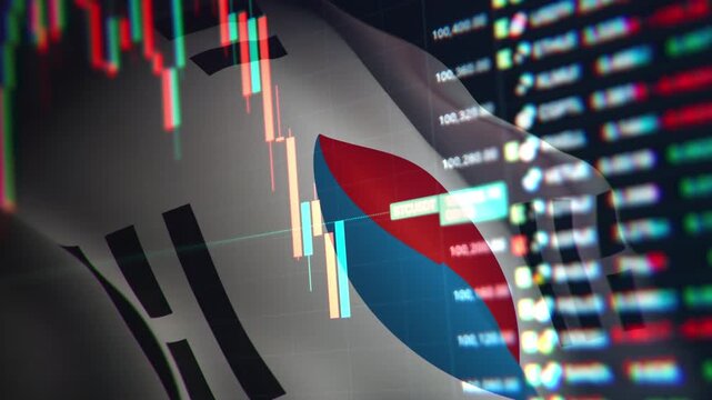 A dynamic timelapse video featuring fast moving stock market candlestick bars blended with a waving South Korean flag, representing South Korea economy, Kospi financial markets, and Asian trading.
