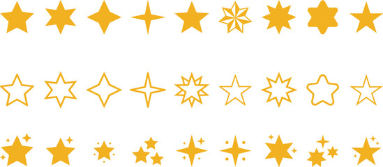 Obraz premium Yellow Star Shape Vector Icon Set with Solid Outlines and Sparkle Twinkle Symbols for Rating and Review Interface Designs