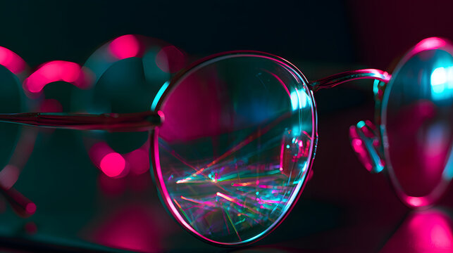 Modern eyeglasses resting on dark table with vibrant psychedelic strobe lights reflecting on lenses