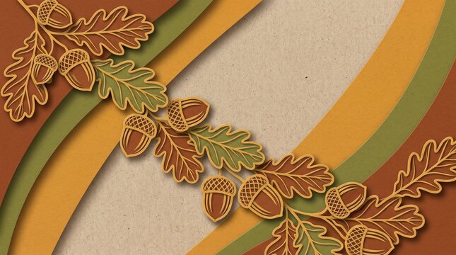An autumn background with papercraft oak leaves and acorns diagonally dividing the frame.