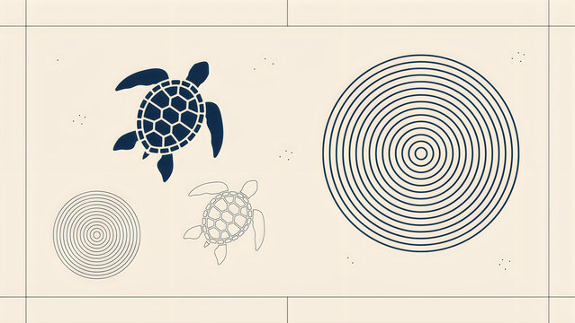 Two stylized turtles swimming near concentric circles on a textured sandy background