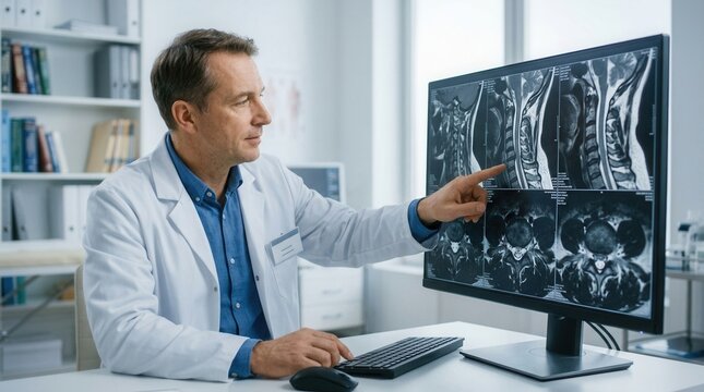 Doctor Examining Medical Scan Results On Computer Screen