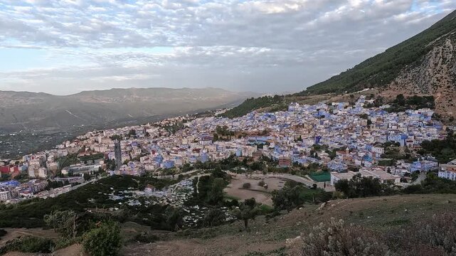Panorama of Chefchaouen from the viewpoint hill at dawn, Tangier-Tetouan-Al Hoceima, Morocco