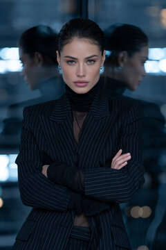 modern businesswoman in pinstripe blazer against reflective skyscraper, serious fashion portrait of woman with slickedback hair, confident professional woman reflected in blue glass facade