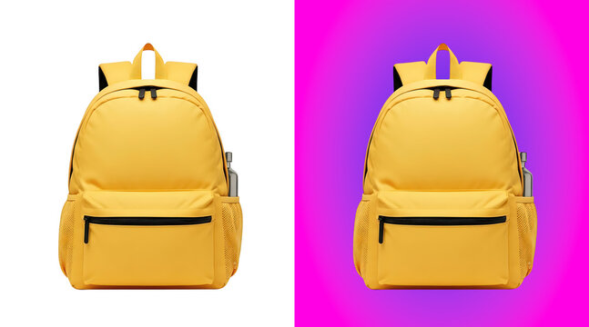 Yellow backpack with a front zipper pocket and side water bottle holder, displayed against black and vibrant pink-to-purple gradient backgrounds