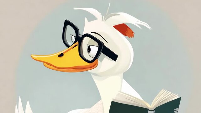 Cartoon white duck wearing glasses and reading an open book, funny smart bird character, education and reading hobby illustration.