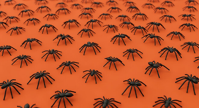 A multitude of spiders scattered across an orange surface during a festive halloween celebration conceptualizing creepy crawly fun