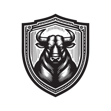 Strong bull head illustration within a heraldic shield crest, black and white woodcut style mascot emblem, vintage animal logo design isolated on white background, powerful taurine symbol.