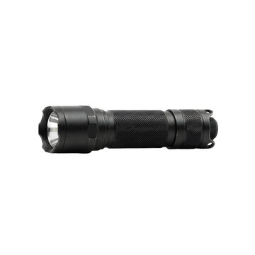 Black tactical flashlight tool on a transparent background