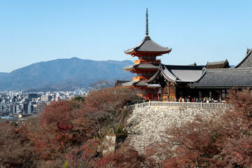 Naklejka premium Authentic Kiyomizu-dera with Autumn Leaves in Early December, Kyoto
