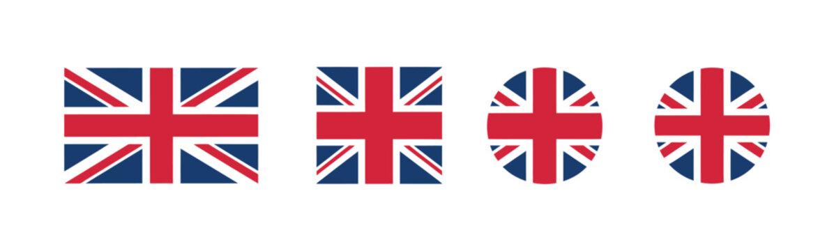 United kingdom, flag vector icon collection featuring circles, squares, and heart shapes, representing British national pride, UK national day, patriotism, celebration, and modern design.