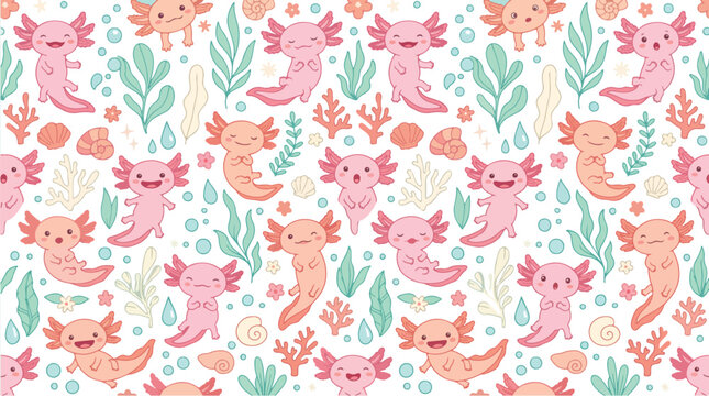 Axolotl seamless pattern with cute pink cartoon aquatic salamander characters and plants