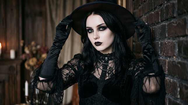 Young fashion model with gothic makeup and long black gloves posing in an elegant Halloween look, featuring dramatic eyes, pale skin, dark lips and a mysterious glamorous expression.