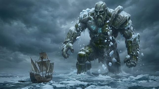 Massive ice giant towering over sailing ship in arctic.