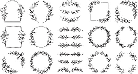 Fototapeta premium Botanical floral wreath collection featuring hand drawn frames borders and circular arrangements with delicate leaves branches and wildflowers for rustic wedding stationary and design projects.