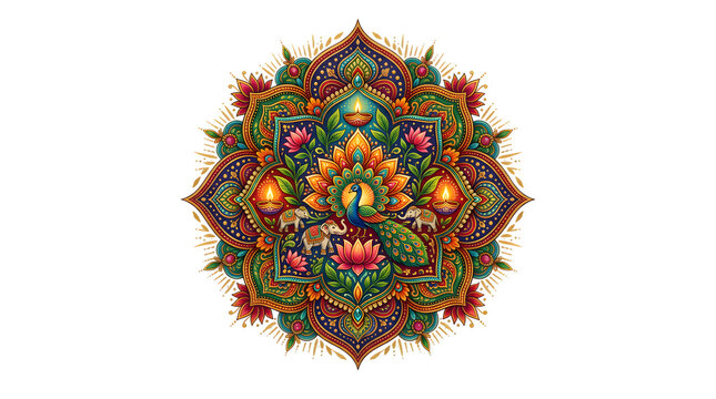 Symmetrical floral mandala featuring a central peacock.