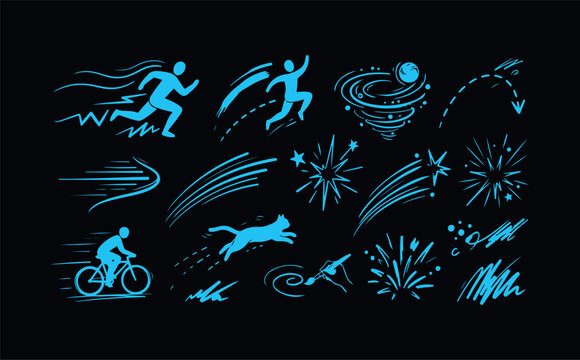 Collection of action lines, motion effects, people running, cyclist, and cat jumping for speed.