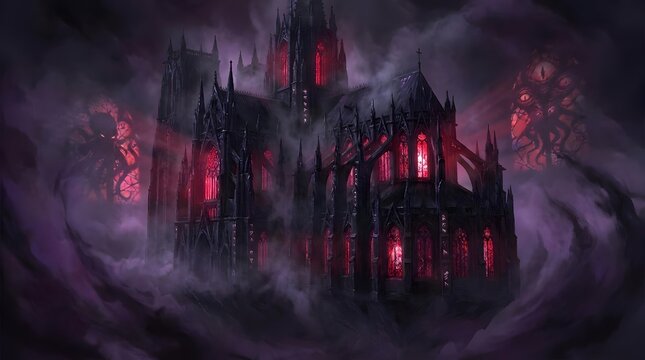 Foggy gothic cathedral with glowing red windows.