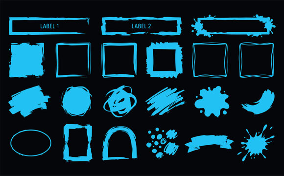 Blue hand drawn frames and shapes for design elements and artistic backgrounds, creative grunge textures collection.