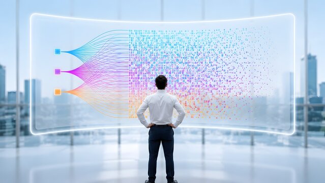 Corporate executive facing massive interactive data visualization screen representing big data architecture