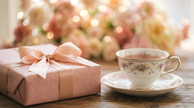 Gift box beside tea cup