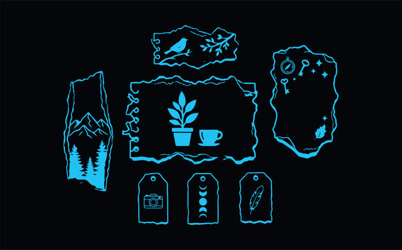 Cyan decorative frames and elements showcasing nature, travel, and lifestyle for journaling and scrapbooking.
