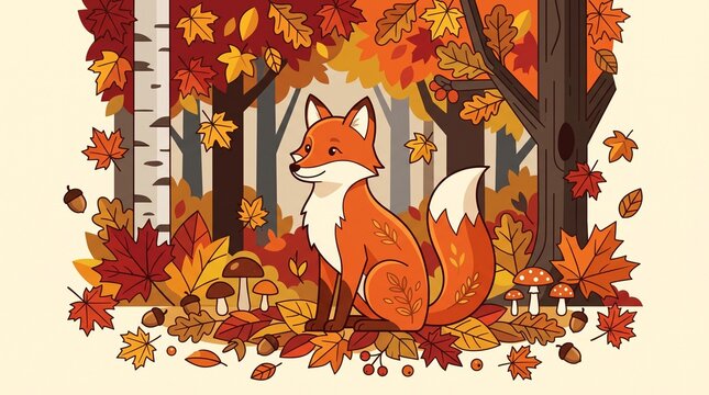 Cute Red Fox in Autumn Forest with Falling Leaves &ndash; Vector Illustration