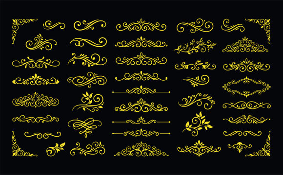 Elegant yellow floral swirls and decorative elements on black background for graphic design and invitations.