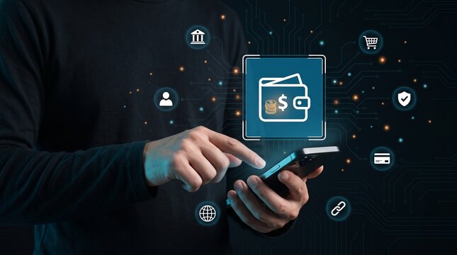 Person using digital wallet app for secure online mobile payment and financial transactions