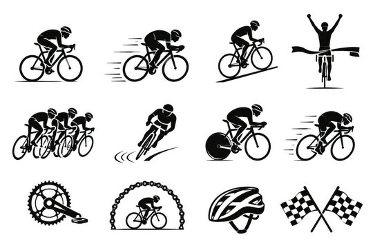 Cycling Racing Silhouette Icon Set with Cyclists, Finish Line, Helmet and Bicycle Symbols