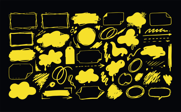 Yellow hand-drawn shapes and banners on black background for graphic design elements and annotations.