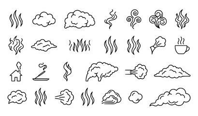Obraz premium Steam Smoke Vapor Smell Cloud Linear Outline Icon Set Editable Stroke Vector