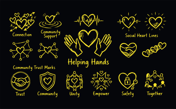 Yellow hand-drawn icons symbolizing connection, support, and community on black background.